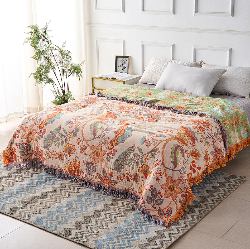 100% Cotton Boho Floral Throw Blanket – Soft Cream with Orange and Blue Flowers, Multi-Purpose & Machine Washable 2
