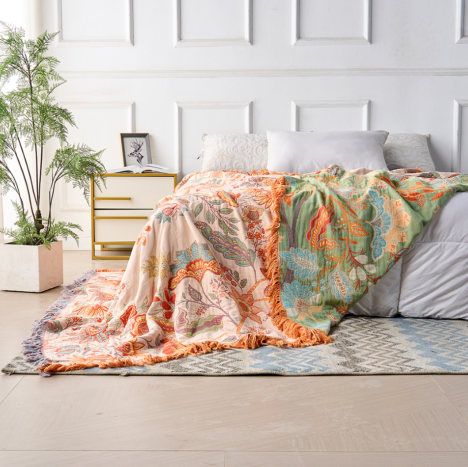 100% Cotton Boho Floral Throw Blanket – Soft Cream with Orange and Blue Flowers, Multi-Purpose & Machine Washable 3