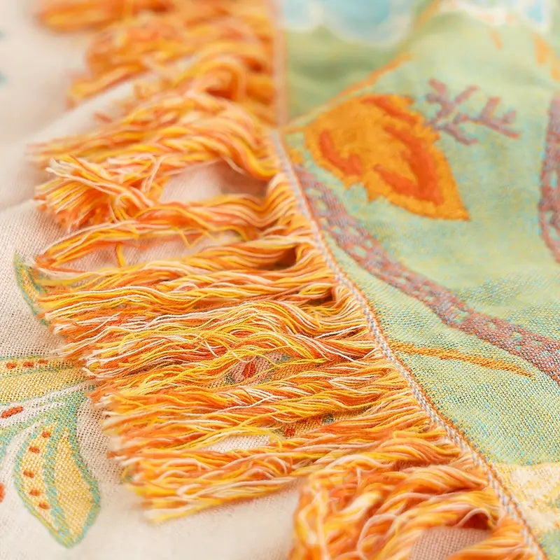 100% Cotton Boho Floral Throw Blanket – Soft Cream with Orange and Blue Flowers, Multi-Purpose & Machine Washable 5