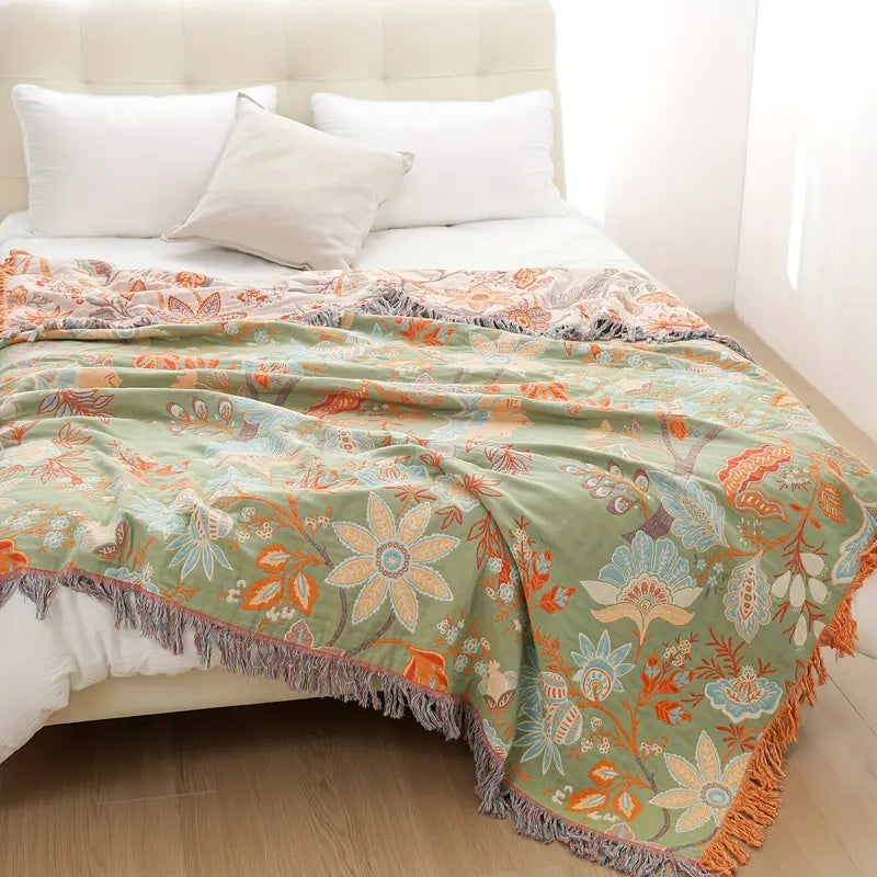 100% Cotton Boho Floral Throw Blanket – Soft Cream with Orange and Blue Flowers, Multi-Purpose & Machine Washable 8