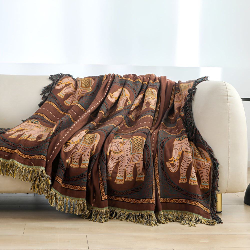 Bohemian Elephant Print Cotton Tassel Blanket – Lightweight and Breathable 3