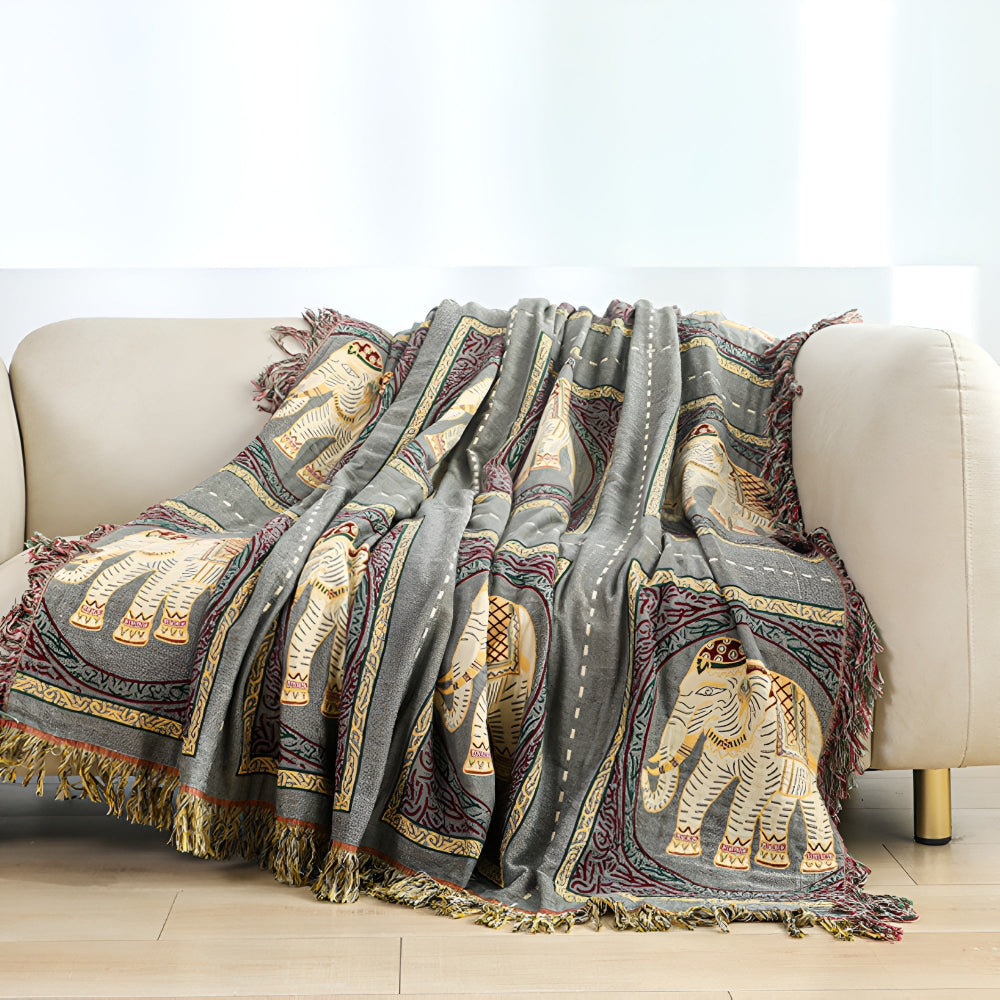 Bohemian Elephant Print Cotton Tassel Blanket – Lightweight and Breathable 4