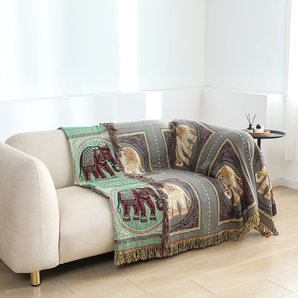 Bohemian Elephant Print Cotton Tassel Blanket – Lightweight and Breathable 5