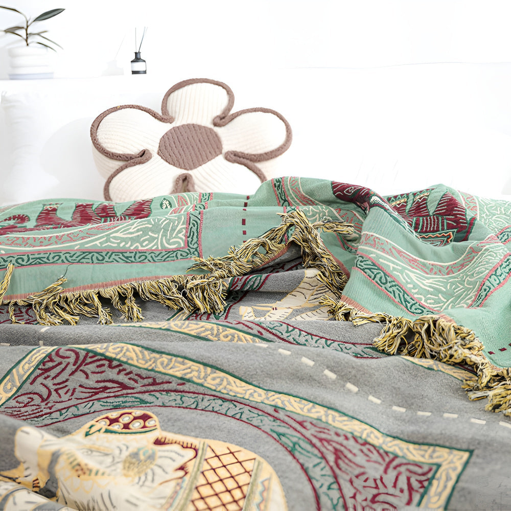 Bohemian Elephant Print Cotton Tassel Blanket – Lightweight and Breathable 6