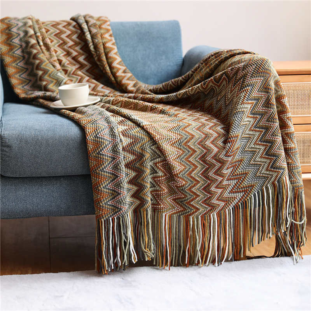 Multicolor Zigzag Knit Throw Blanket with Tassels - Lightweight Acrylic for Couches and Beds, Cozy Boho Design 2