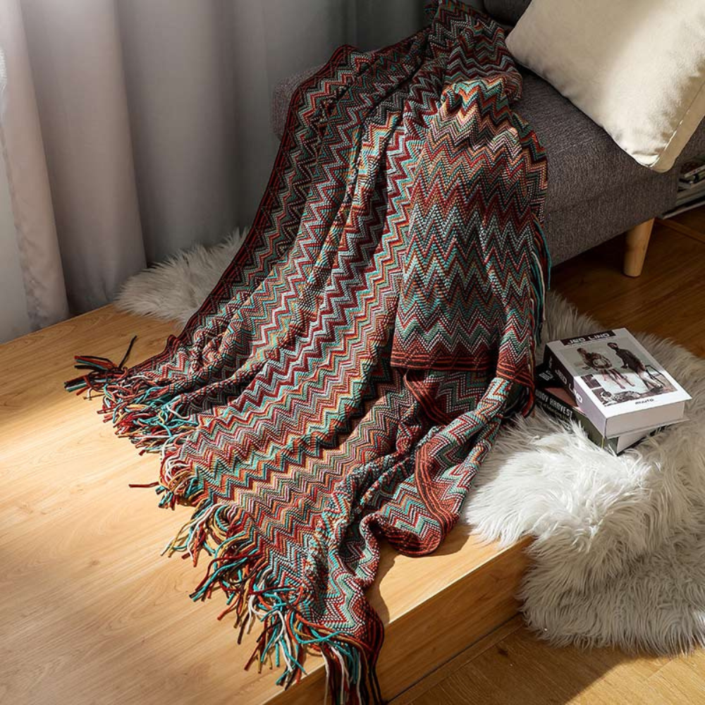 Multicolor Zigzag Knit Throw Blanket with Tassels - Lightweight Acrylic for Couches and Beds, Cozy Boho Design 3