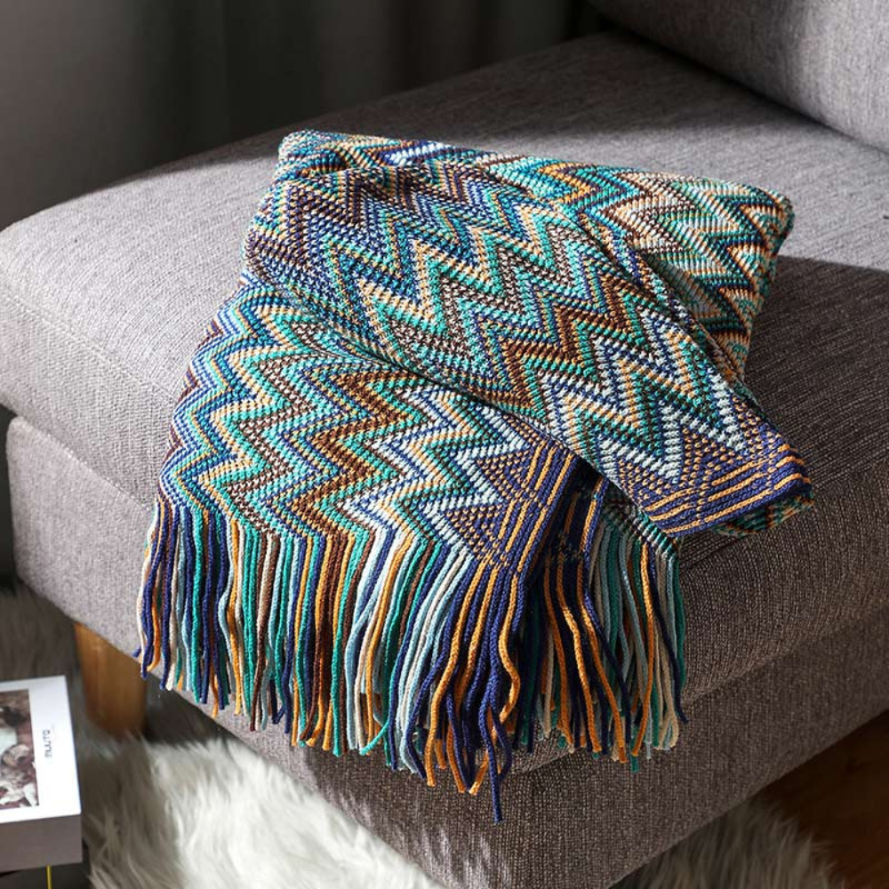 Multicolor Zigzag Knit Throw Blanket with Tassels - Lightweight Acrylic for Couches and Beds, Cozy Boho Design 5