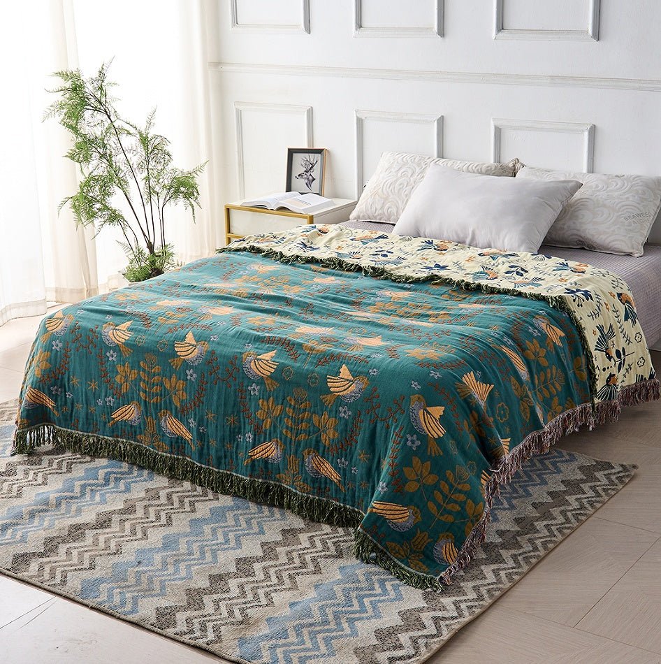 Reversible 100% Cotton Throw Blanket – Teal and Cream Scandinavian Bird Design with Decorative Fringed Edges 0