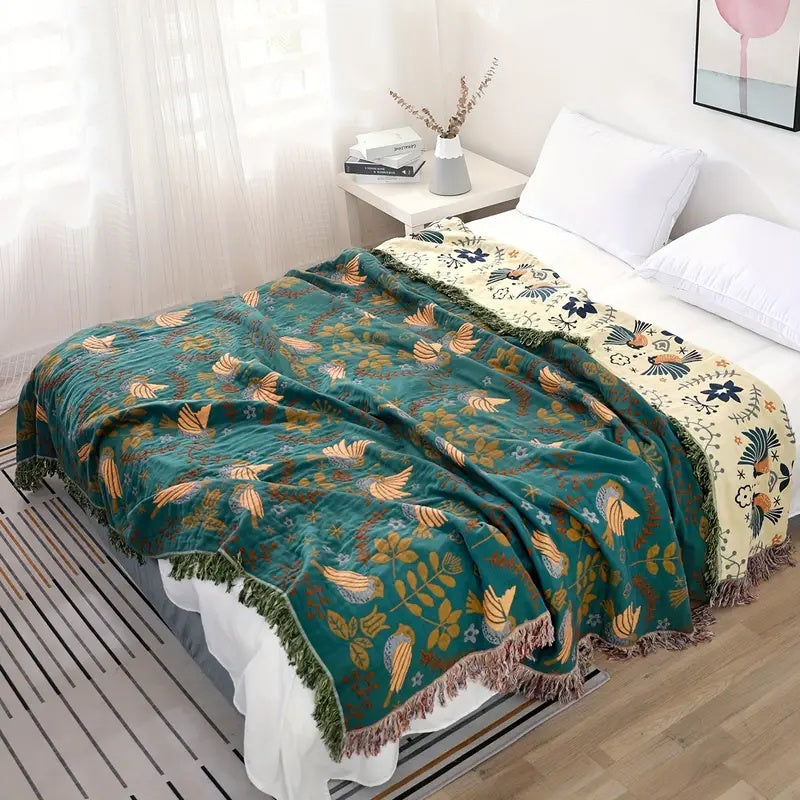 Reversible 100% Cotton Throw Blanket – Teal and Cream Scandinavian Bird Design with Decorative Fringed Edges 3