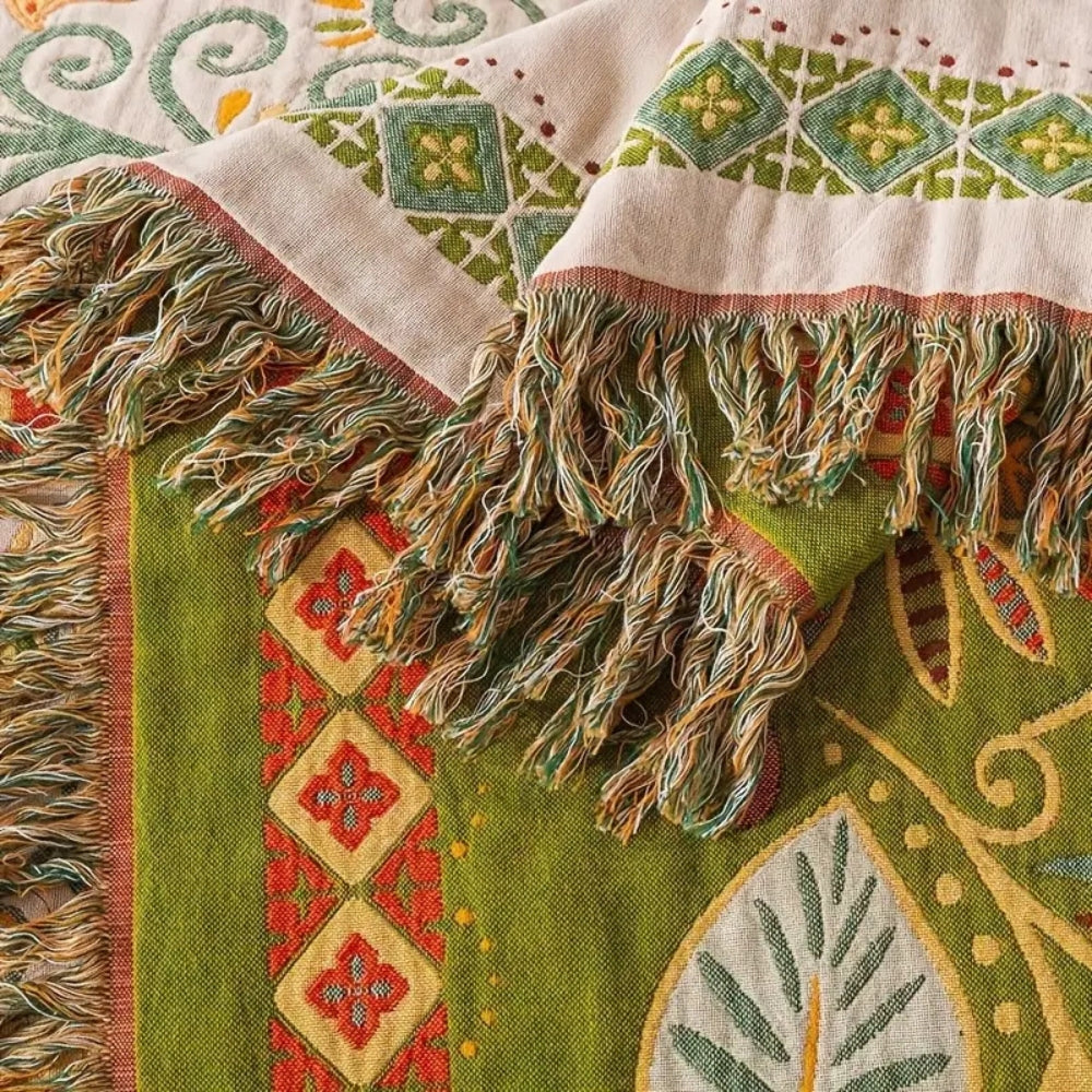 Reversible Boho Floral Blanket – Lightweight Cotton Gauze Throw with Tasseled Edges, Perfect for Couch or Bed 4