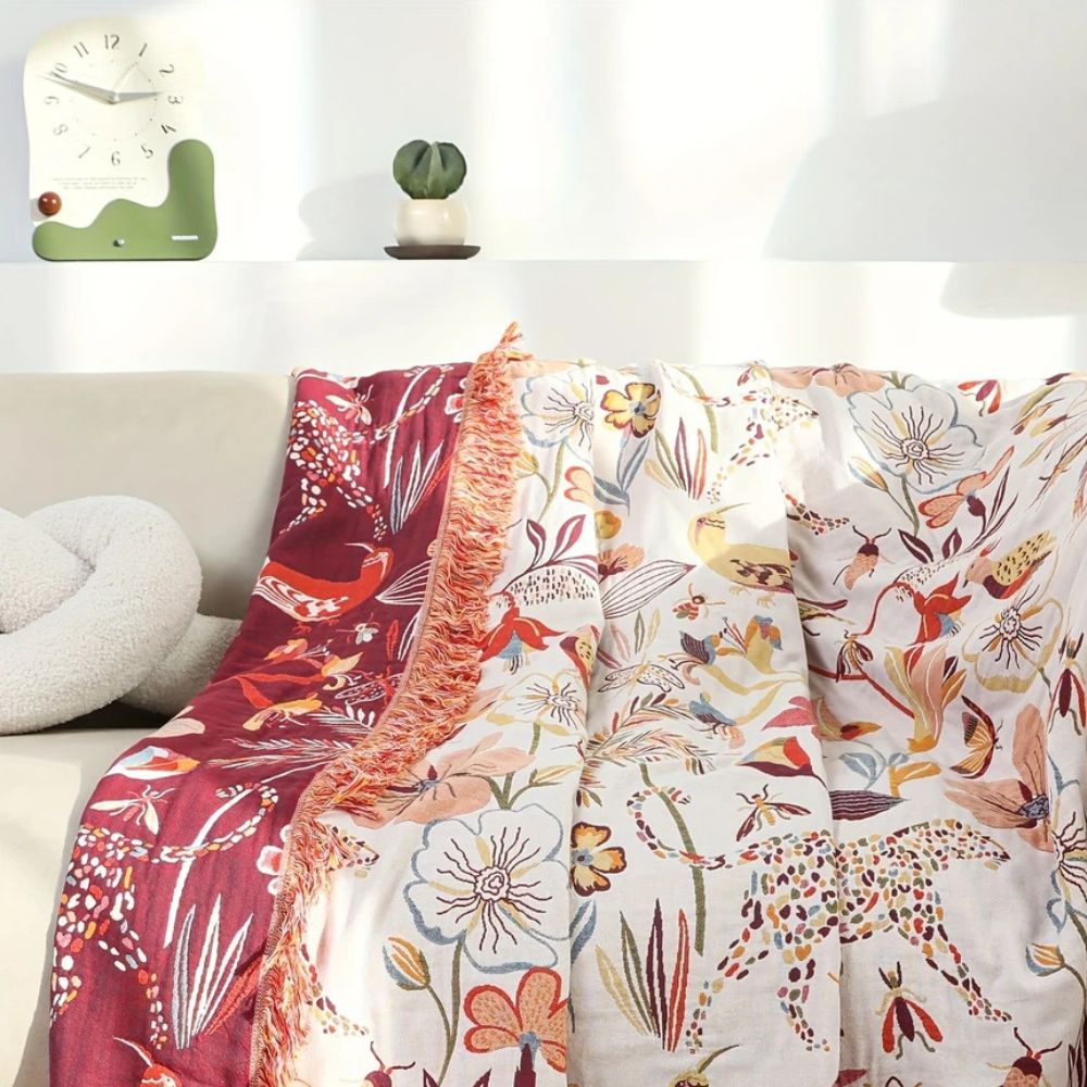 Reversible Cotton Throw Blanket with Jungle Prints and Rich Red Contrast – Lightweight 200x230cm for Home and Travel 3
