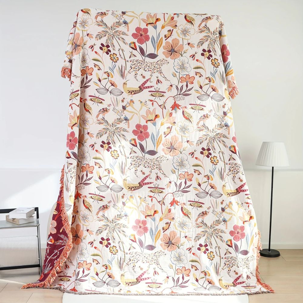 Reversible Cotton Throw Blanket with Jungle Prints and Rich Red Contrast – Lightweight 200x230cm for Home and Travel 4