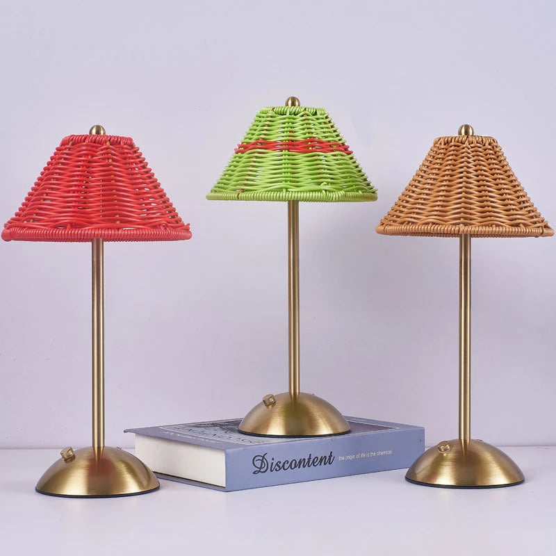 Rechargeable Rattan Desk Lamp – Retro Cordless Table Lamp for Living Room, Small Size with Warm LED Light-2