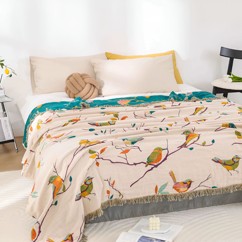 Whimsical Bird Cotton Throw Blanket with Tassels – Lightweight Boho Home Decor, Vibrant Multi-Color Design 1