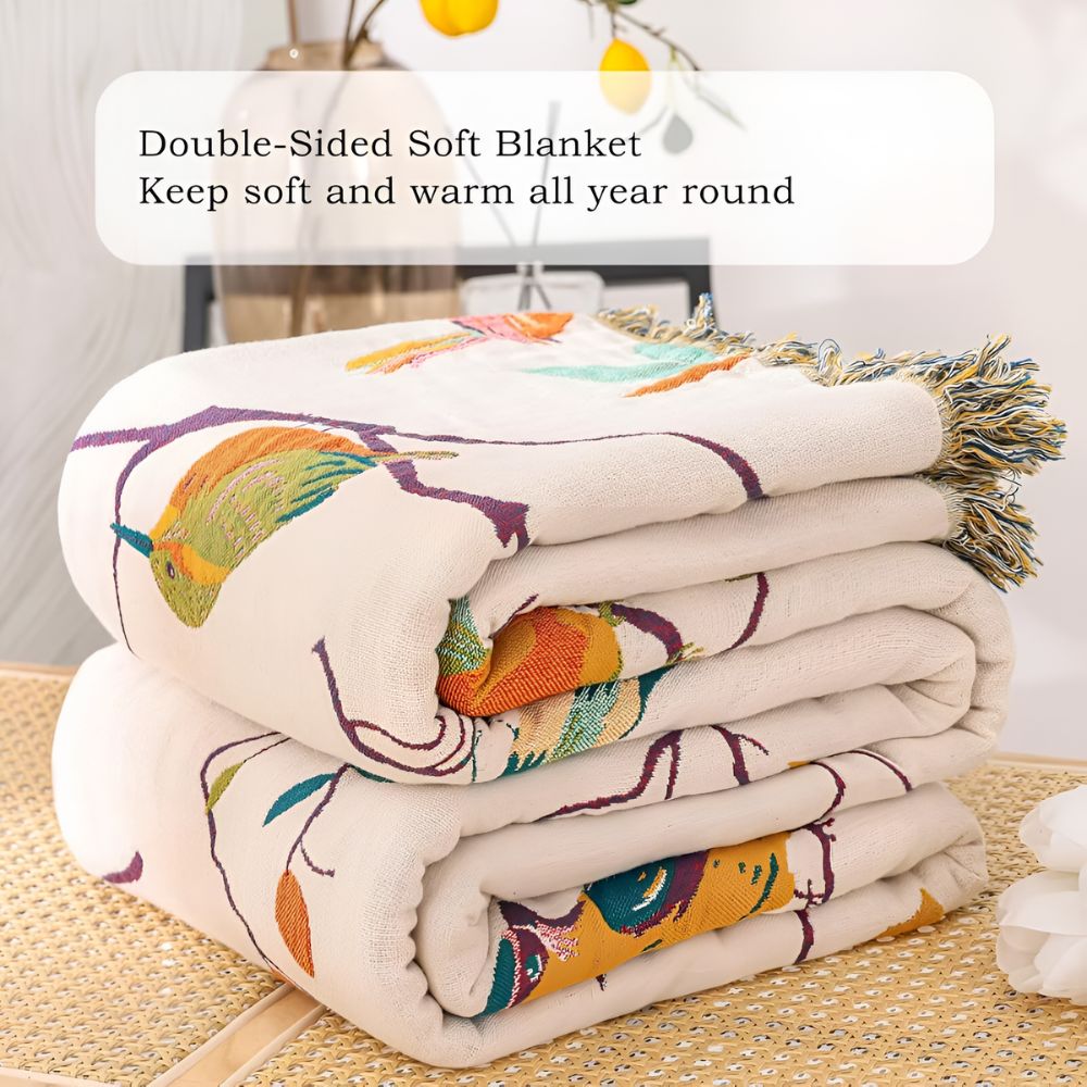 Whimsical Bird Cotton Throw Blanket with Tassels – Lightweight Boho Home Decor, Vibrant Multi-Color Design 7