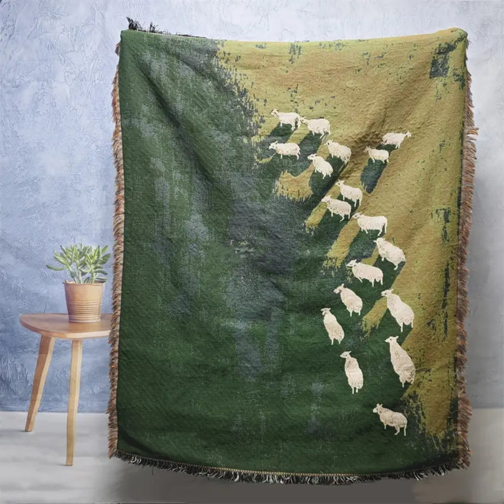 Woven Throw Blanket with Sheep Pattern – Soft Microfiber-Cotton Blend, Tassel Trim, Cozy Decor for Sofa and Bed 2
