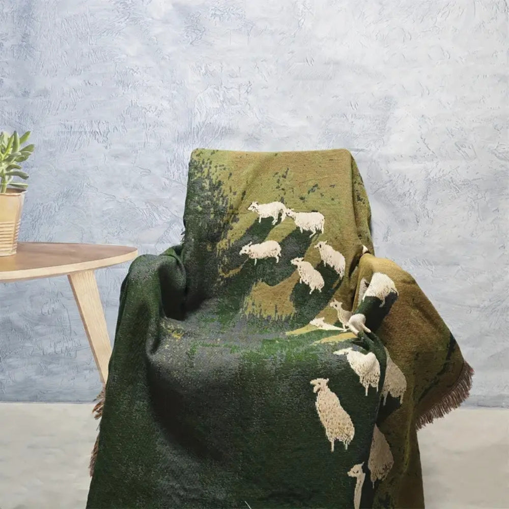 Woven Throw Blanket with Sheep Pattern – Soft Microfiber-Cotton Blend, Tassel Trim, Cozy Decor for Sofa and Bed 3