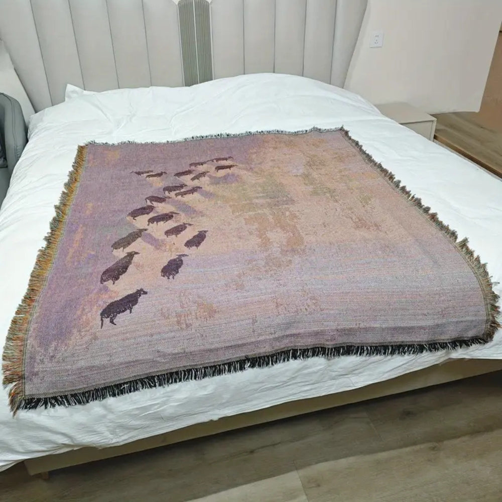 Woven Throw Blanket with Sheep Pattern – Soft Microfiber-Cotton Blend, Tassel Trim, Cozy Decor for Sofa and Bed 4