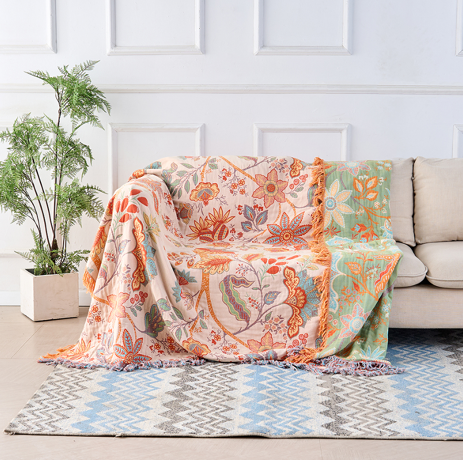 100% Cotton Boho Floral Throw Blanket – Soft Cream with Orange and Blue Flowers, Multi-Purpose & Machine Washable 1