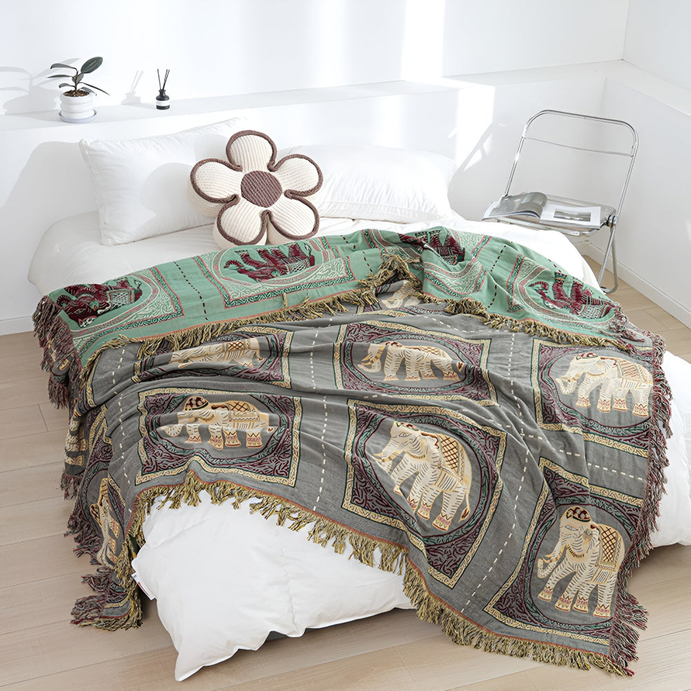 Bohemian Elephant Print Cotton Tassel Blanket – Lightweight and Breathable 1