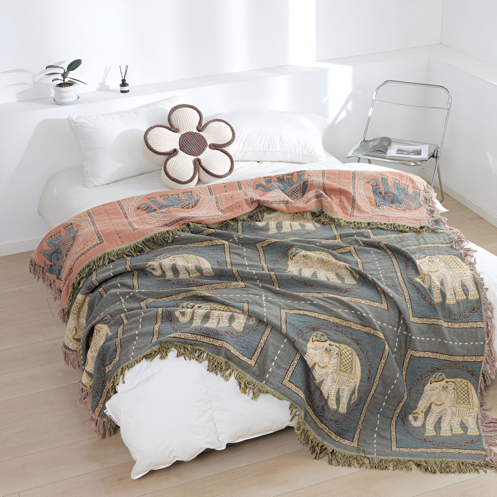 Bohemian Elephant Print Cotton Tassel Blanket – Lightweight and Breathable 2