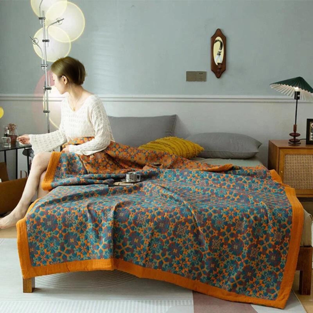 Citrus Sunrise Six-Layer Cotton Blanket – Eco-Friendly Organic Cotton Quilt, Hypoallergenic, Machine Washable, Vibrant Orange and Blue Design 0