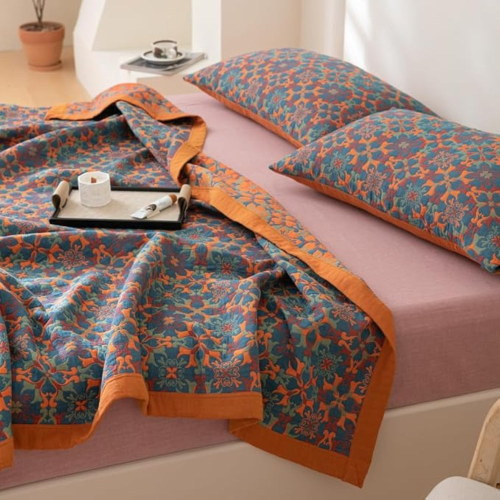 Citrus Sunrise Six-Layer Cotton Blanket – Eco-Friendly Organic Cotton Quilt, Hypoallergenic, Machine Washable, Vibrant Orange and Blue Design 2