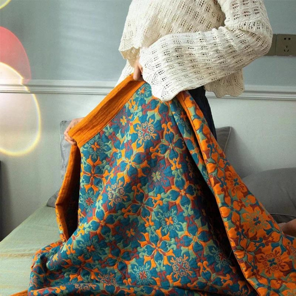 Citrus Sunrise Six-Layer Cotton Blanket – Eco-Friendly Organic Cotton Quilt, Hypoallergenic, Machine Washable, Vibrant Orange and Blue Design 3