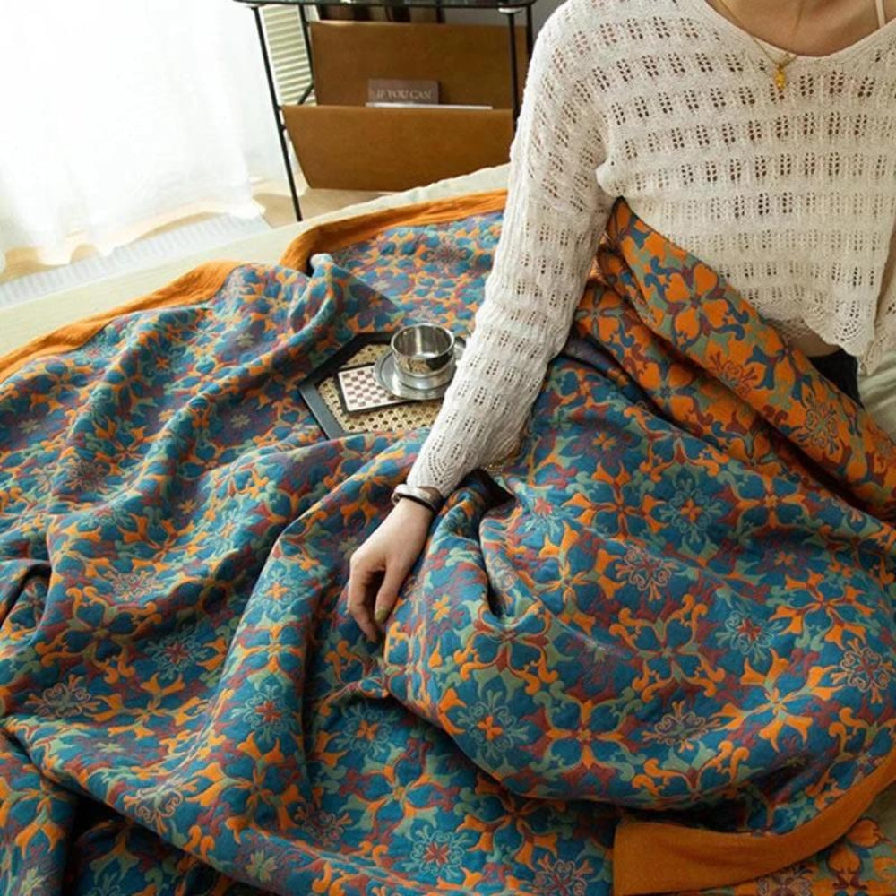 Citrus Sunrise Six-Layer Cotton Blanket – Eco-Friendly Organic Cotton Quilt, Hypoallergenic, Machine Washable, Vibrant Orange and Blue Design 5