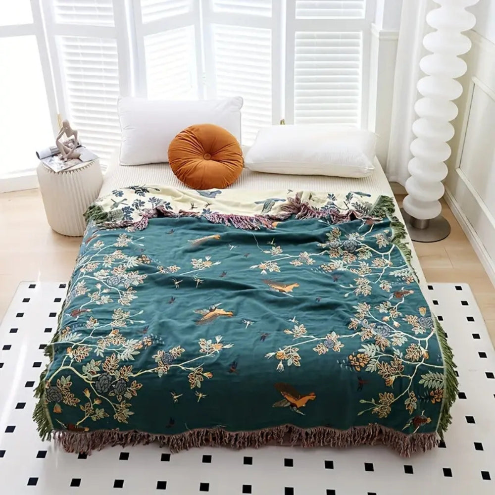 Elegant Cotton Blanket with Jacquard Design and Tasselled Edges - Multi-Layer Soft Throw for Beds and Sofas 0