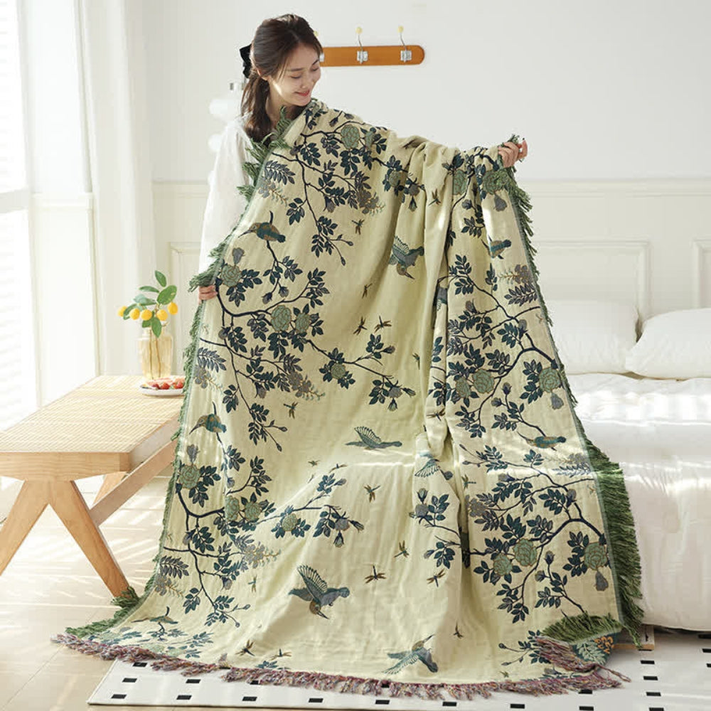 Elegant Cotton Blanket with Jacquard Design and Tasselled Edges - Multi-Layer Soft Throw for Beds and Sofas 1