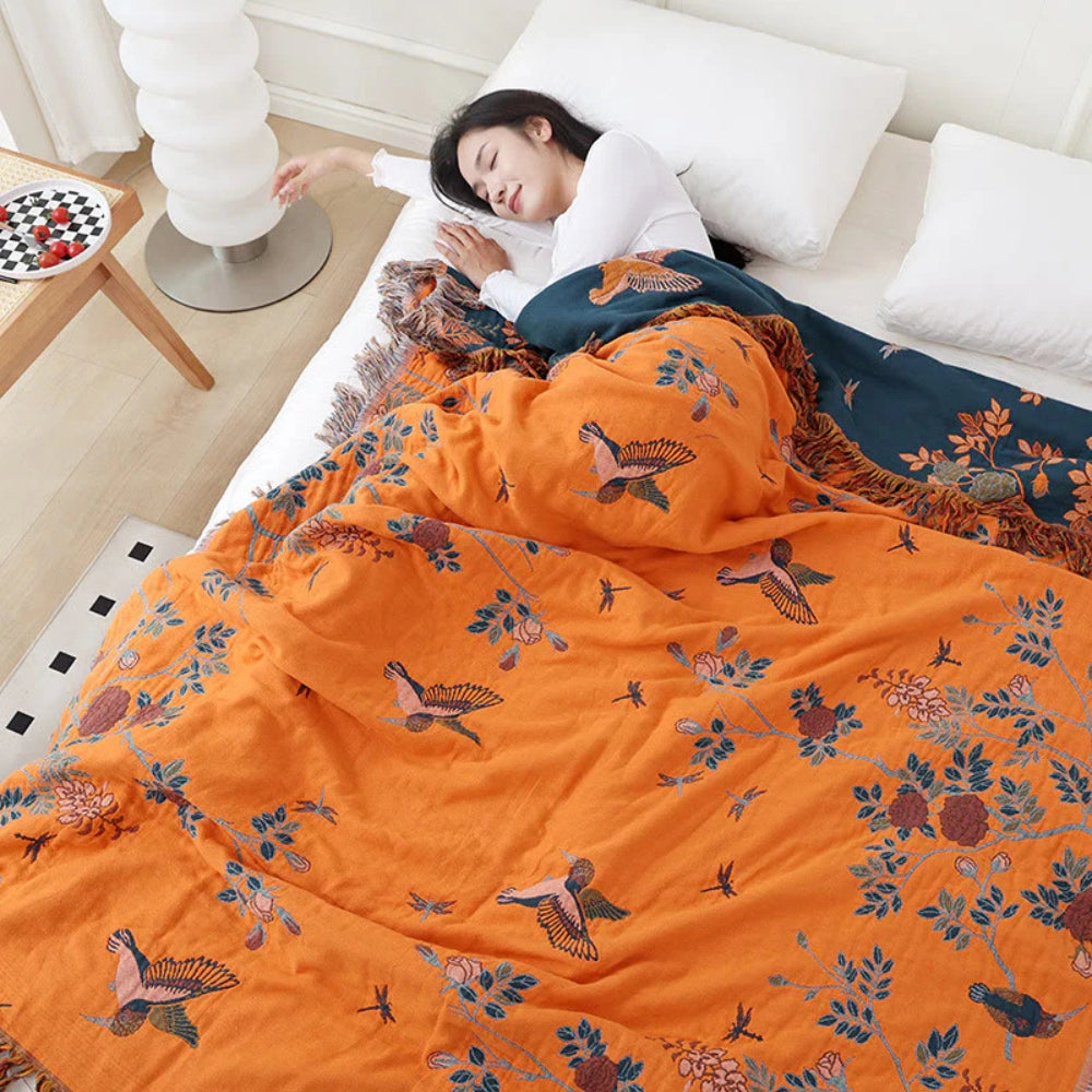 Elegant Cotton Blanket with Jacquard Design and Tasselled Edges - Multi-Layer Soft Throw for Beds and Sofas 2