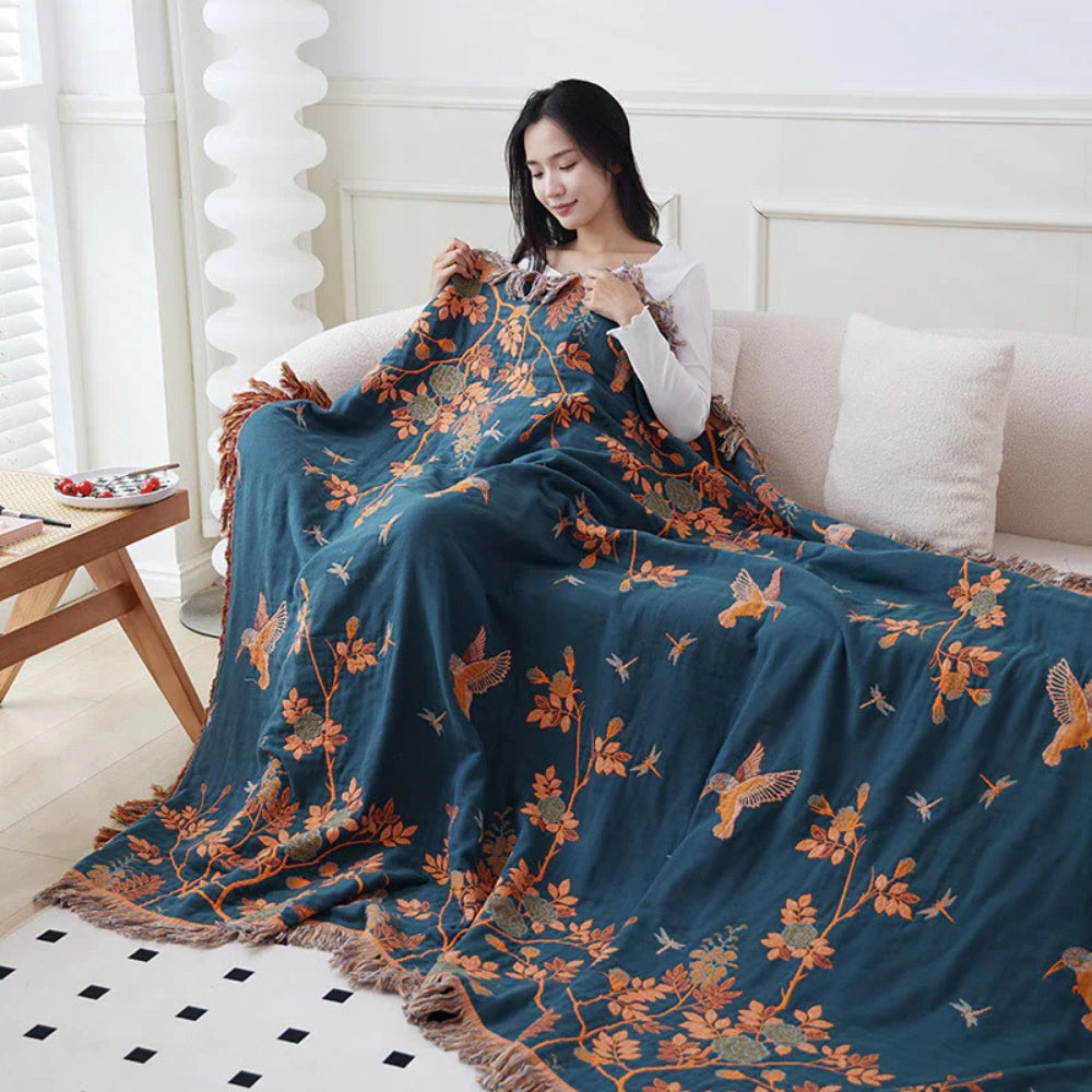 Elegant Cotton Blanket with Jacquard Design and Tasselled Edges - Multi-Layer Soft Throw for Beds and Sofas 6