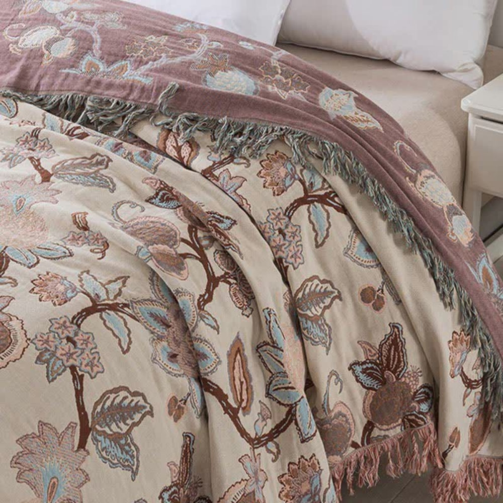 Floral Cotton Bed Blanket with Tassel Trim – Soft Jacquard Design for Cozy Comfort and Versatile Use 3
