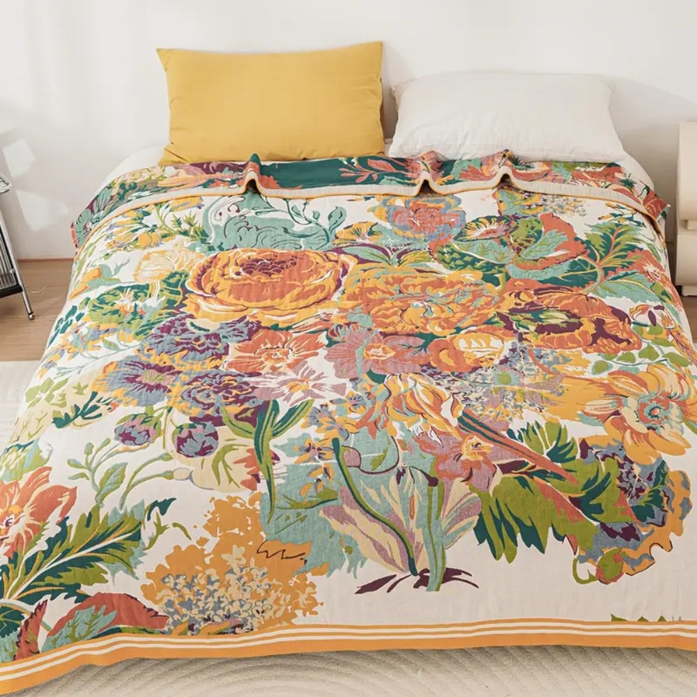 Floral Cotton Throw Blanket with Reversible Design, Lightweight Woven Jacquard for Year-Round Comfort 0