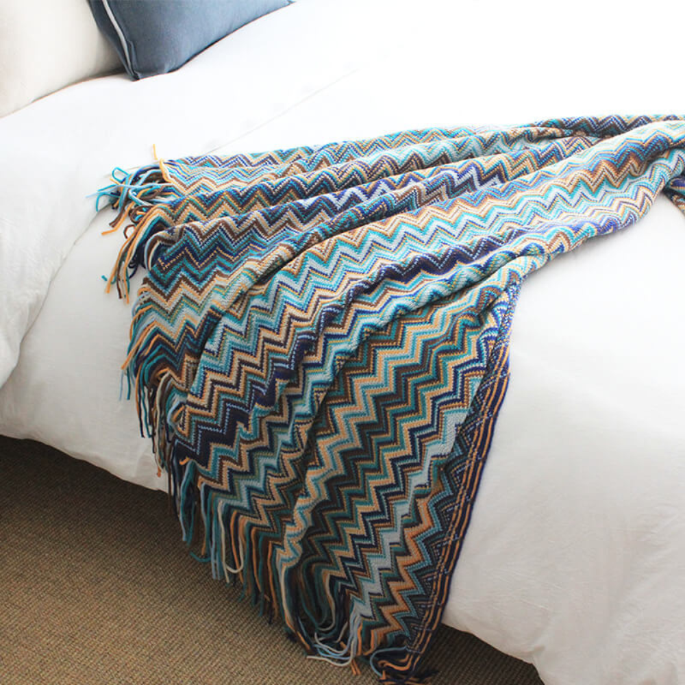 Multicolor Zigzag Knit Throw Blanket with Tassels - Lightweight Acrylic for Couches and Beds, Cozy Boho Design 4