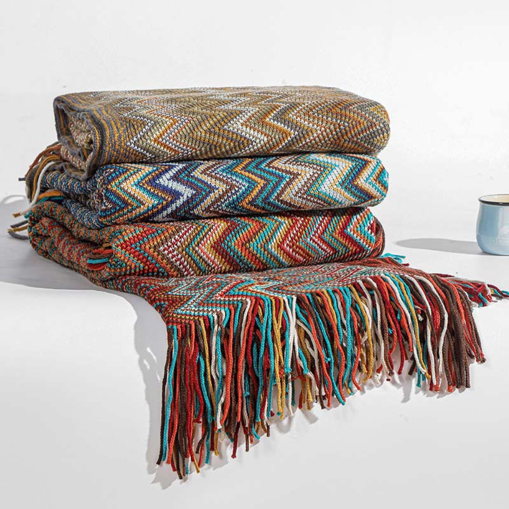 Multicolor Zigzag Knit Throw Blanket with Tassels - Lightweight Acrylic for Couches and Beds, Cozy Boho Design 6