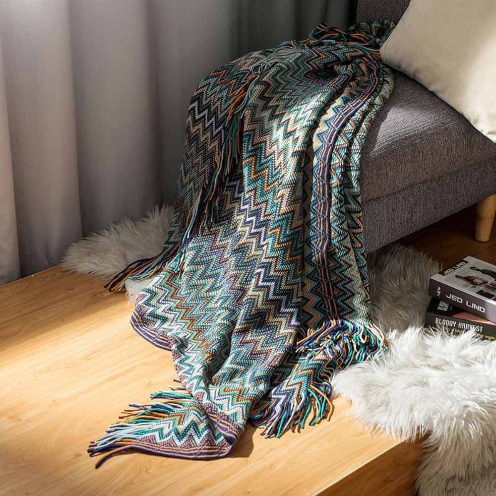 Multicolor Zigzag Knit Throw Blanket with Tassels - Lightweight Acrylic for Couches and Beds, Cozy Boho Design 7