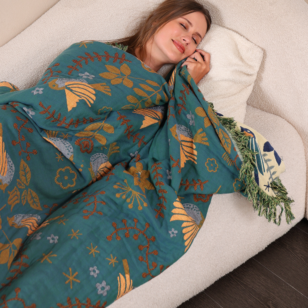 Reversible 100% Cotton Throw Blanket – Teal and Cream Scandinavian Bird Design with Decorative Fringed Edges 4