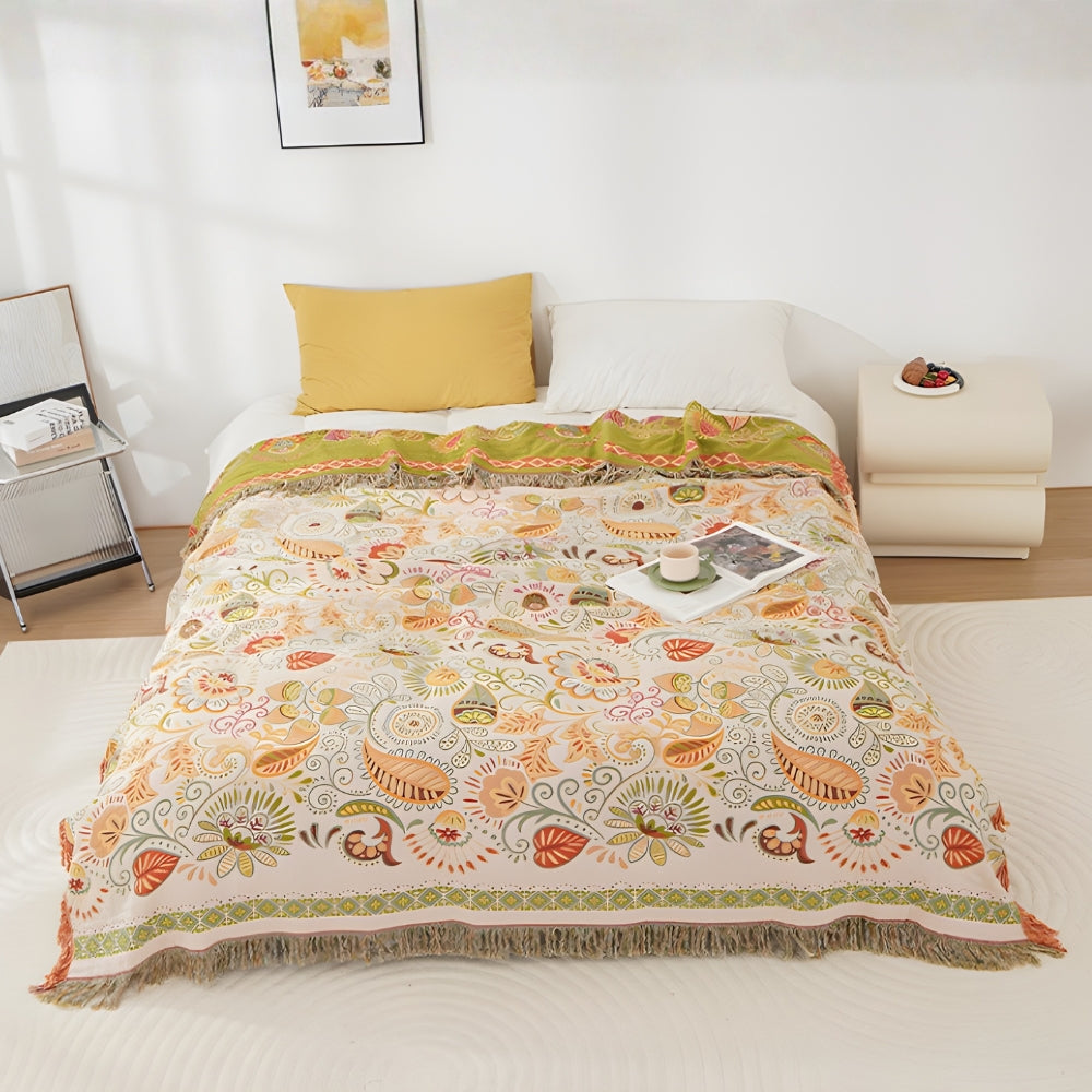 Reversible Boho Floral Blanket – Lightweight Cotton Gauze Throw with Tasseled Edges, Perfect for Couch or Bed 0