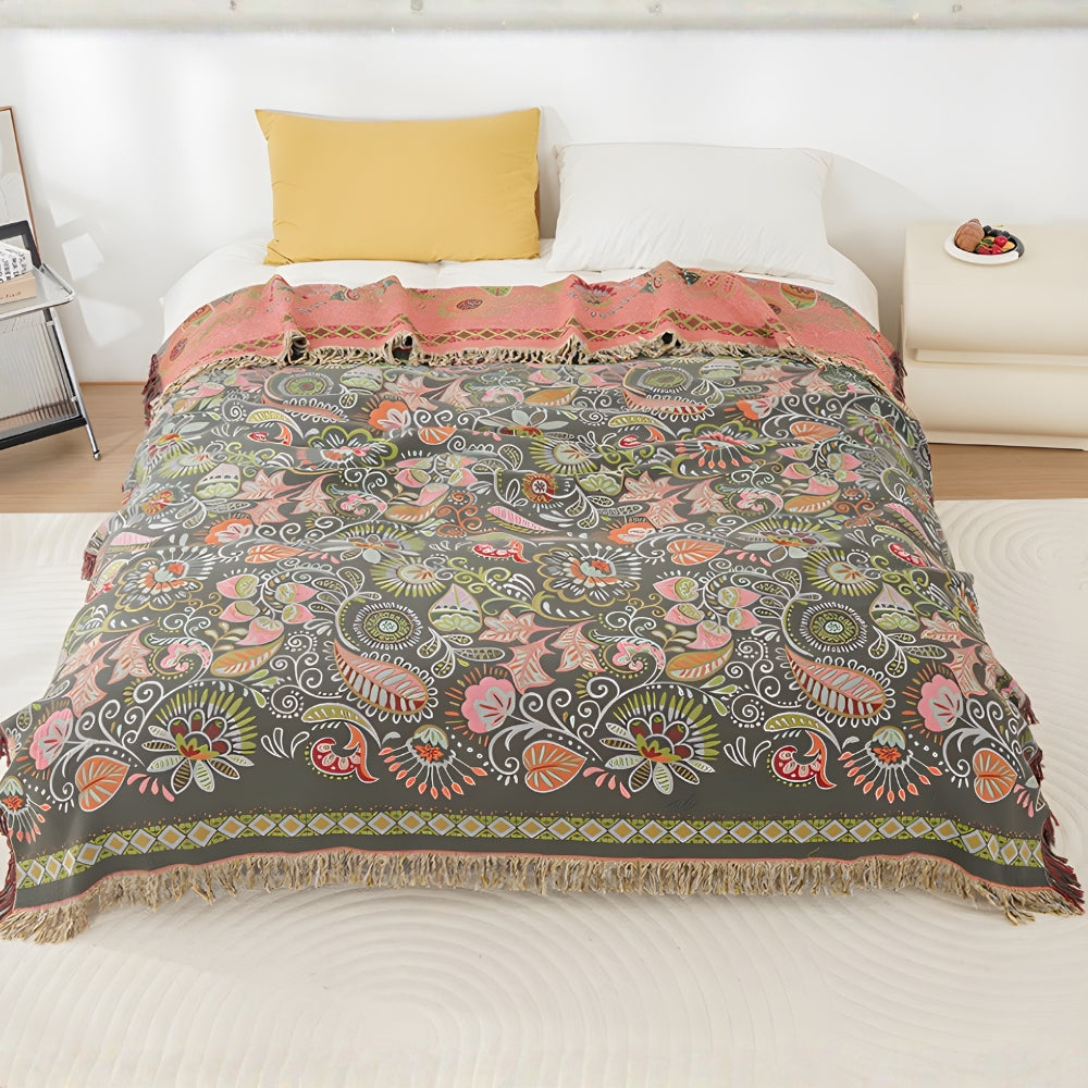 Reversible Boho Floral Blanket – Lightweight Cotton Gauze Throw with Tasseled Edges, Perfect for Couch or Bed 1