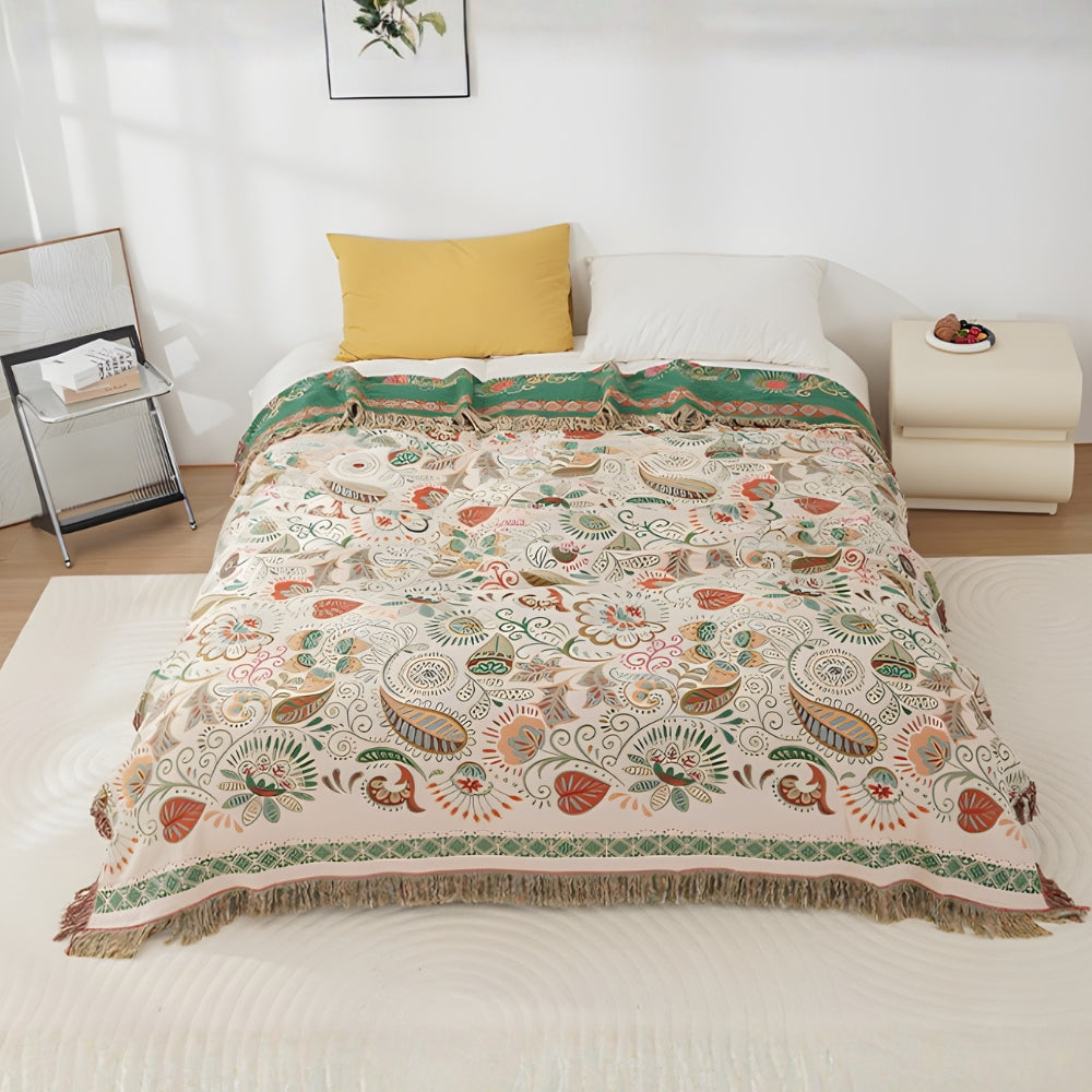 Reversible Boho Floral Blanket – Lightweight Cotton Gauze Throw with Tasseled Edges, Perfect for Couch or Bed 2