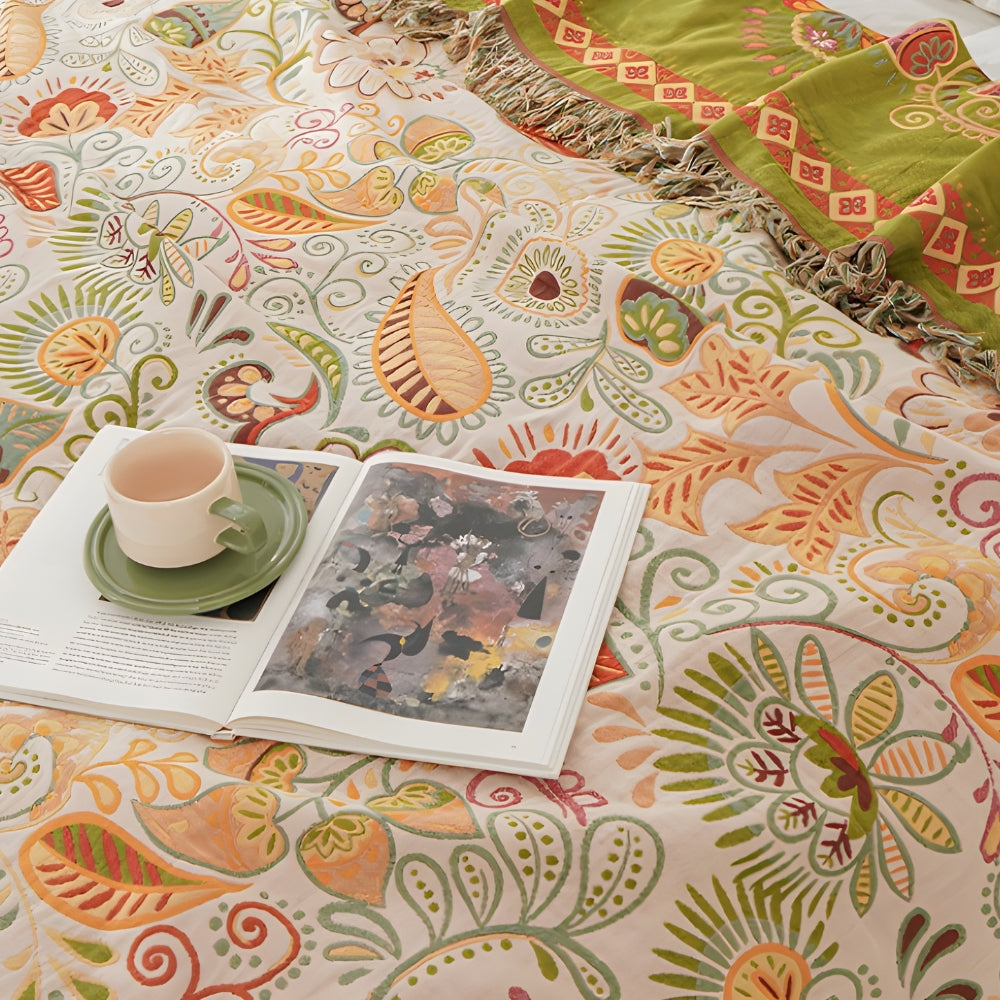 Reversible Boho Floral Blanket – Lightweight Cotton Gauze Throw with Tasseled Edges, Perfect for Couch or Bed 3