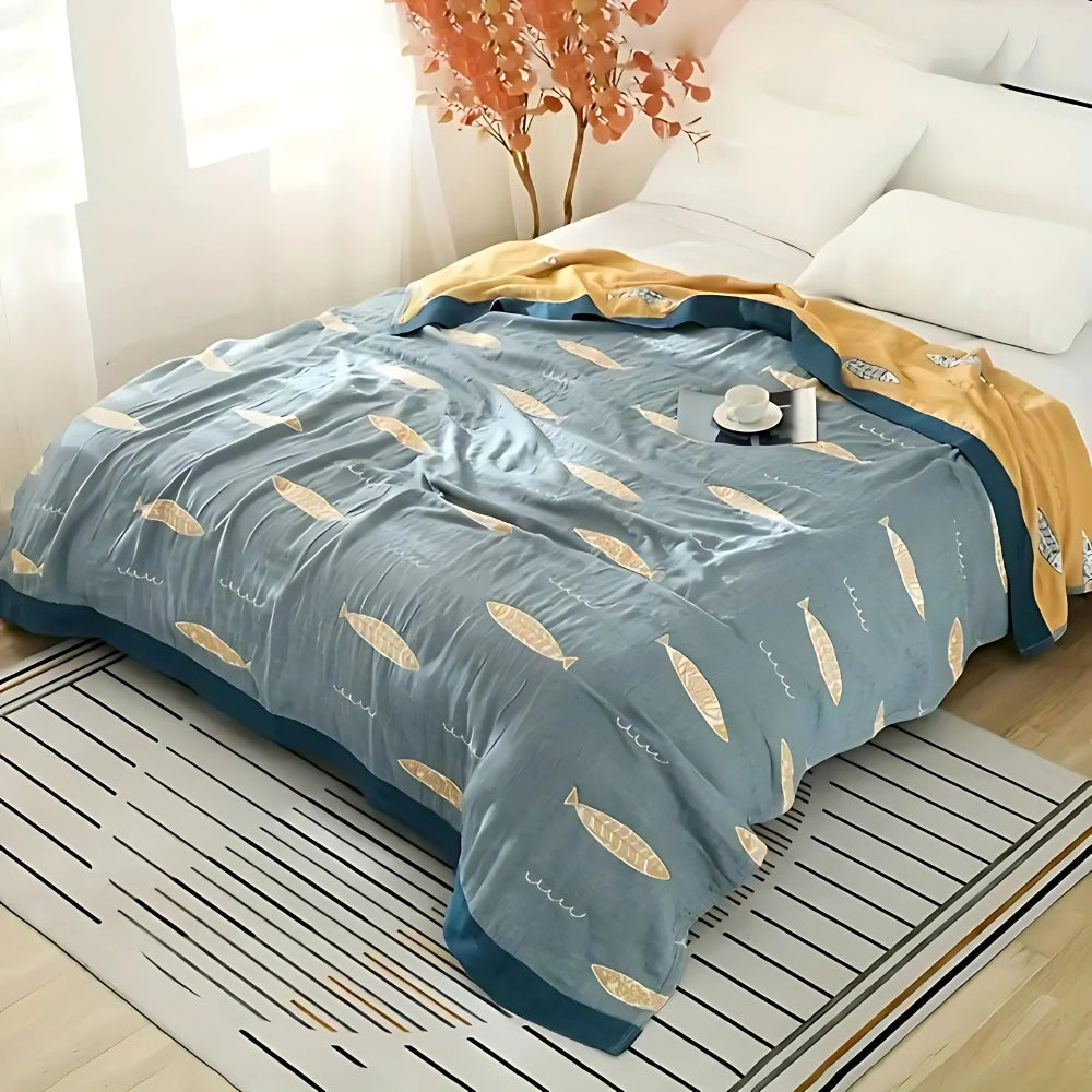 Reversible Cotton Gauze Throw Blanket with Golden Fish Design – Soft, Breathable, All-Season Comfort 0