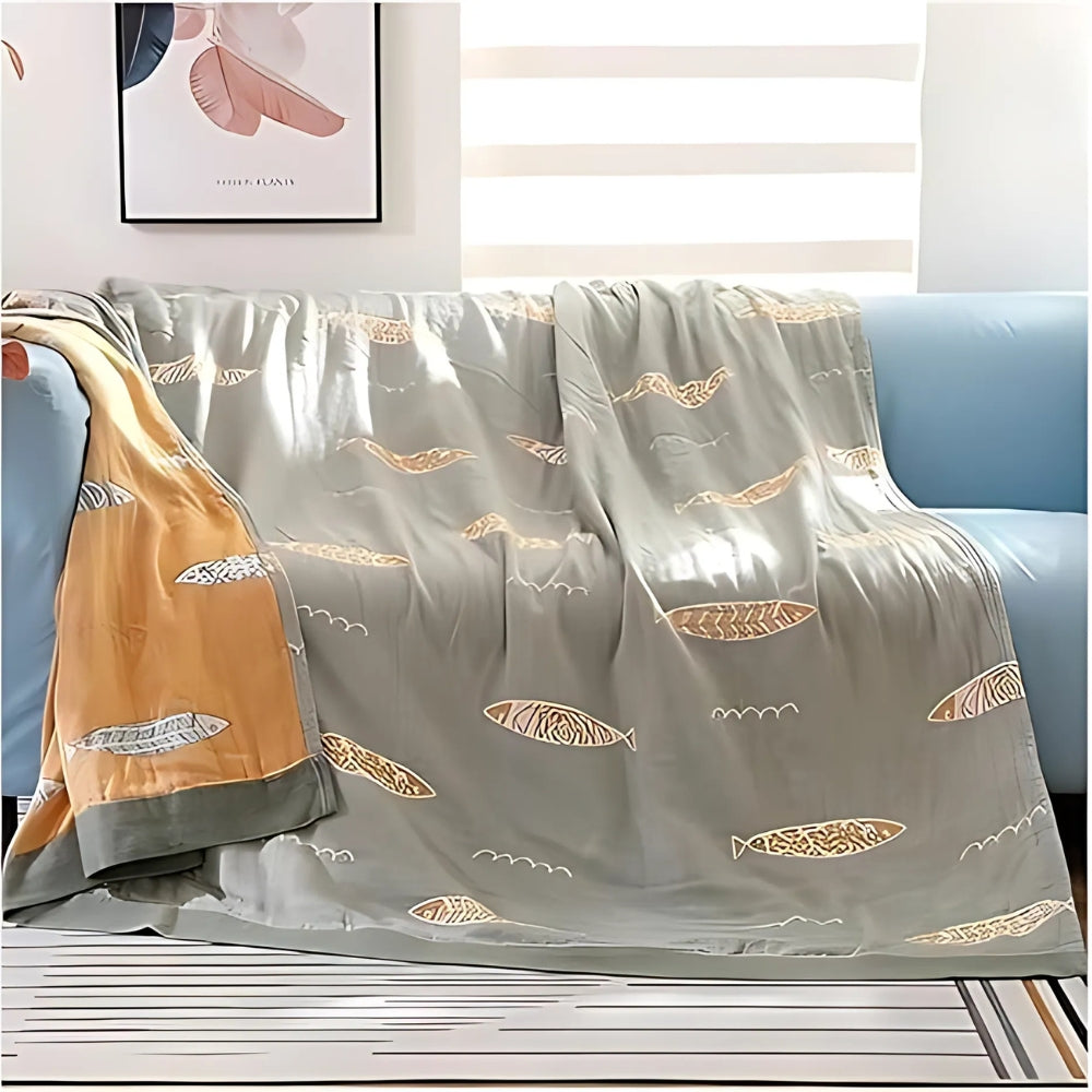 Reversible Cotton Gauze Throw Blanket with Golden Fish Design – Soft, Breathable, All-Season Comfort 2