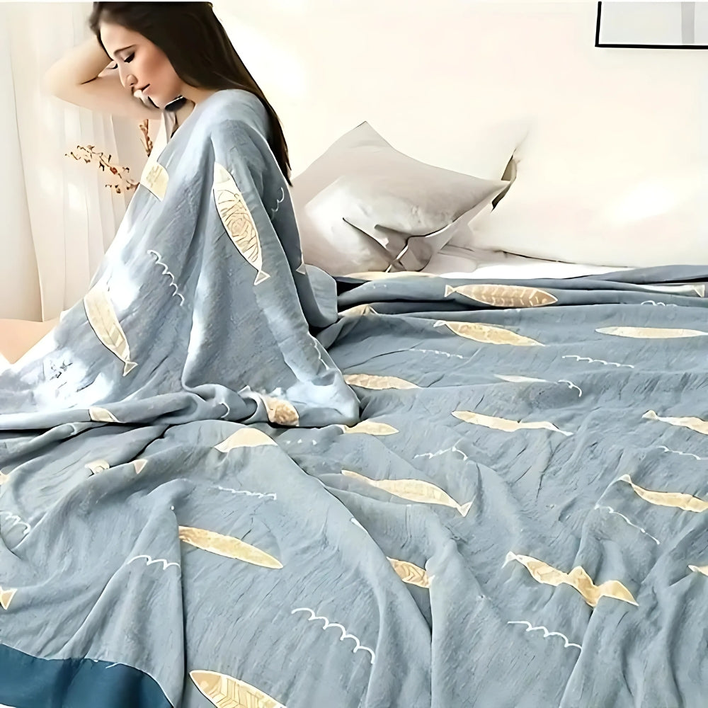 Reversible Cotton Gauze Throw Blanket with Golden Fish Design – Soft, Breathable, All-Season Comfort 4
