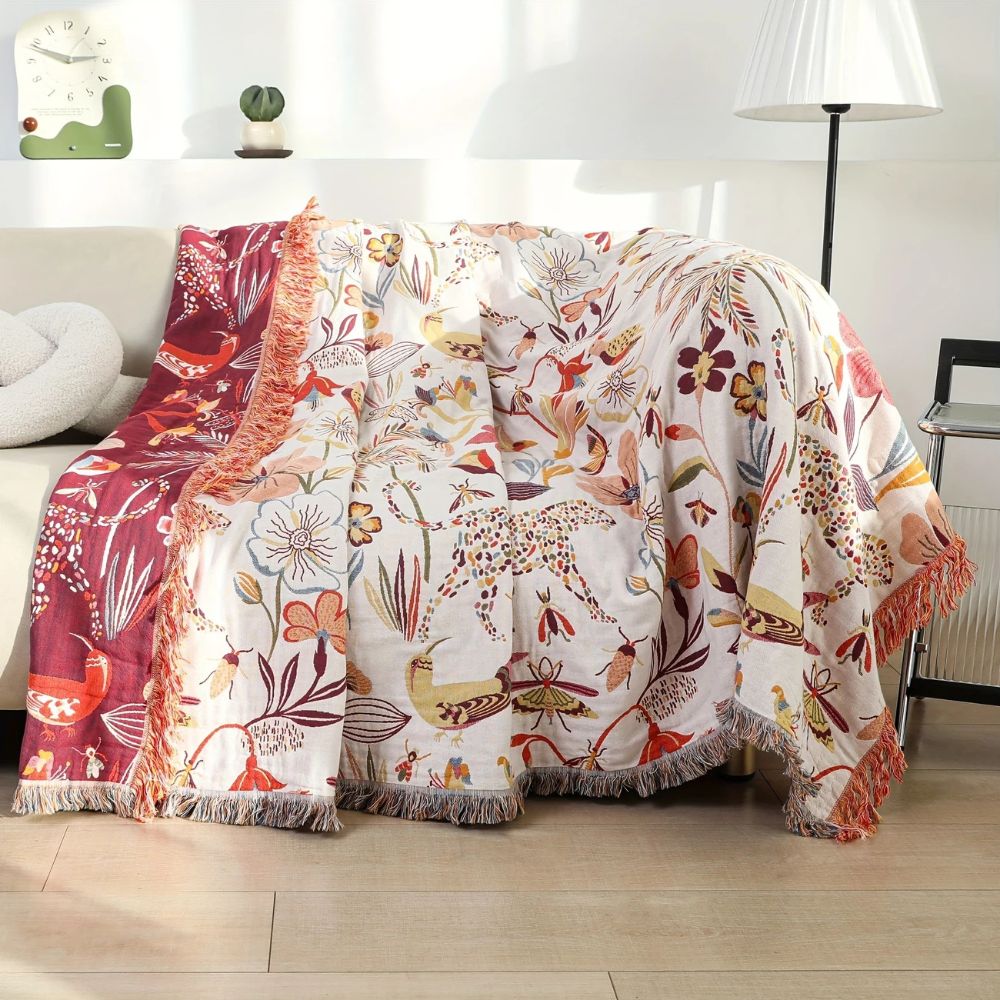 Reversible Cotton Throw Blanket with Jungle Prints and Rich Red Contrast – Lightweight 200x230cm for Home and Travel 0