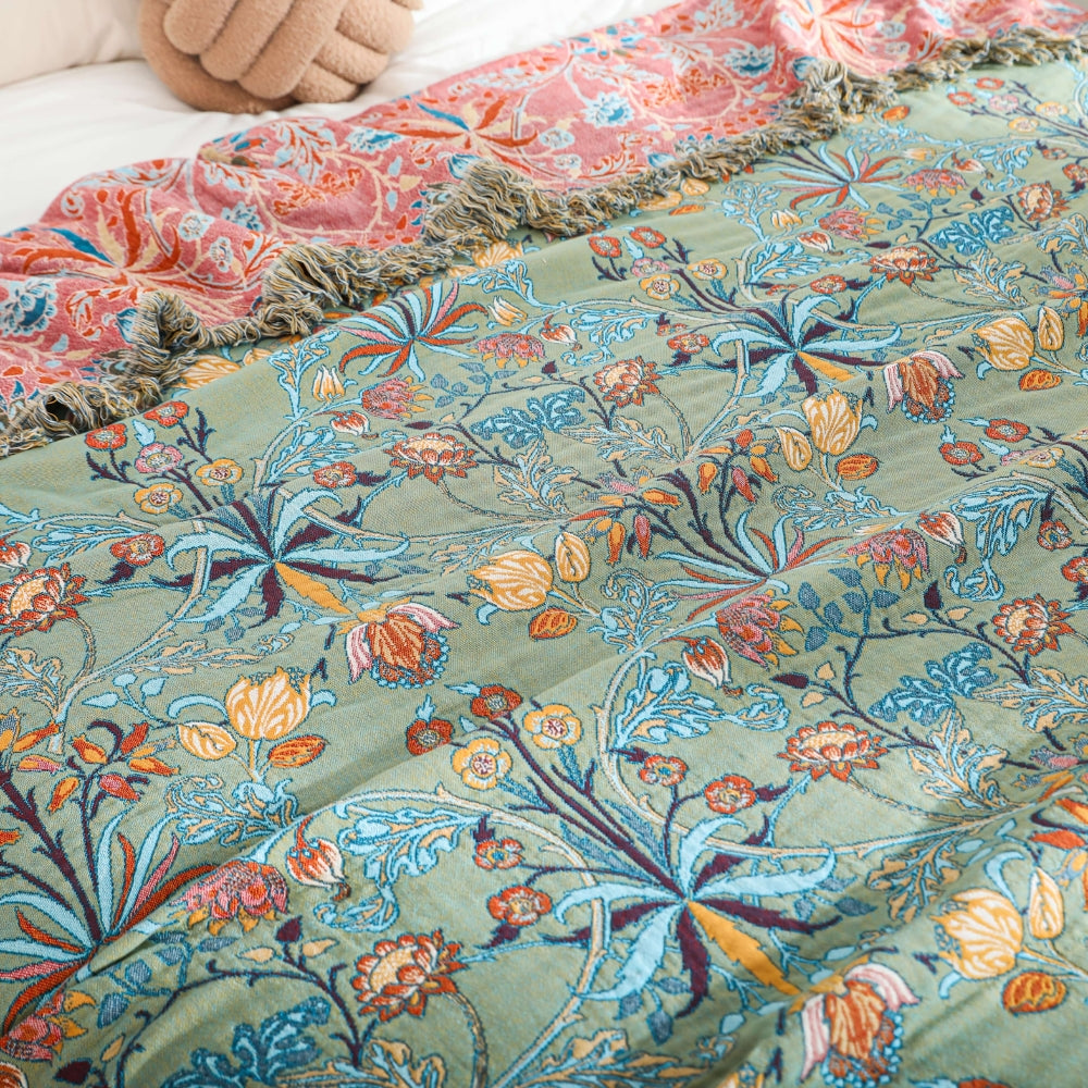 Reversible Floral Cotton Blanket Throw – Heavyweight Jacquard Design with Decorative Tassels, 200x230 cm 1