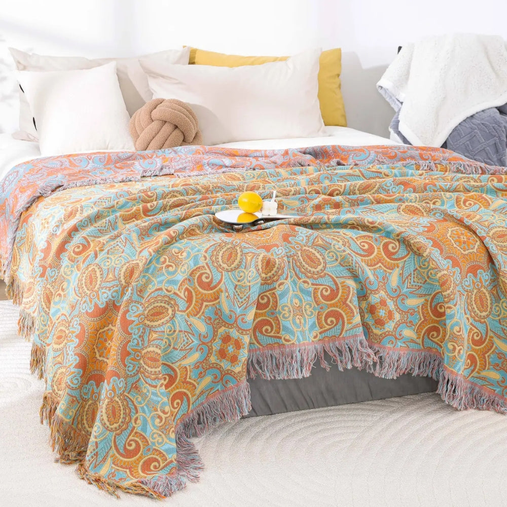 Reversible Paisley Cotton Blanket with Tassels – Bohemian Home Decor 1