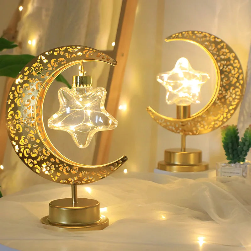 Metal Ramadan Moon Lamp - Decorative LED Light for Eid Celebrations, 13x14x28cm, Gold Indoor Decoration-1